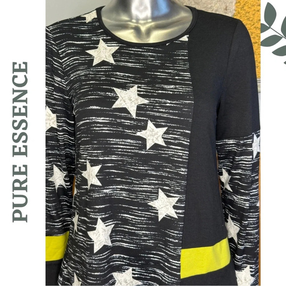 Pure Essence Long Sleeve Knit Top Color Block Star Print Back Yellow White - Picture 5 of 8